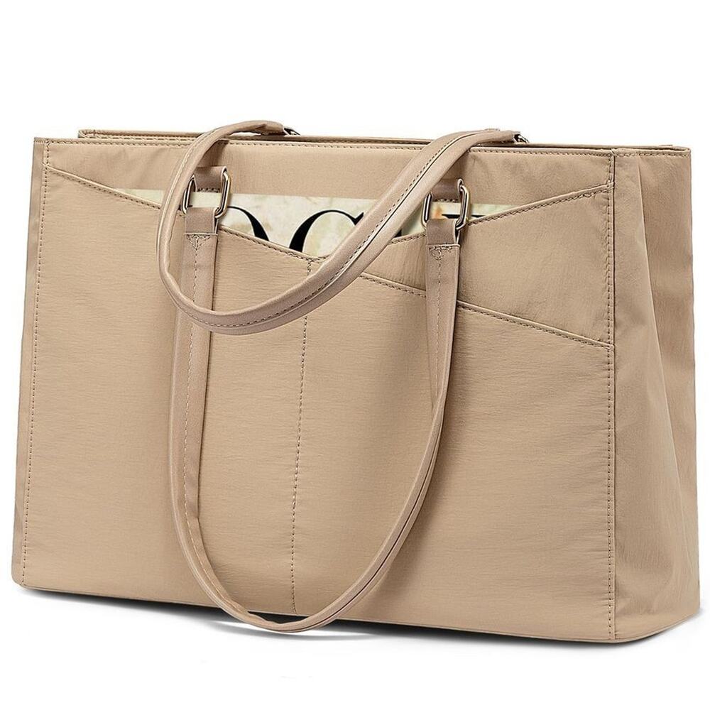 LOVEVOOK 15.6" Laptop Tote Bag Waterproof Leather Business Work Bag Khaki